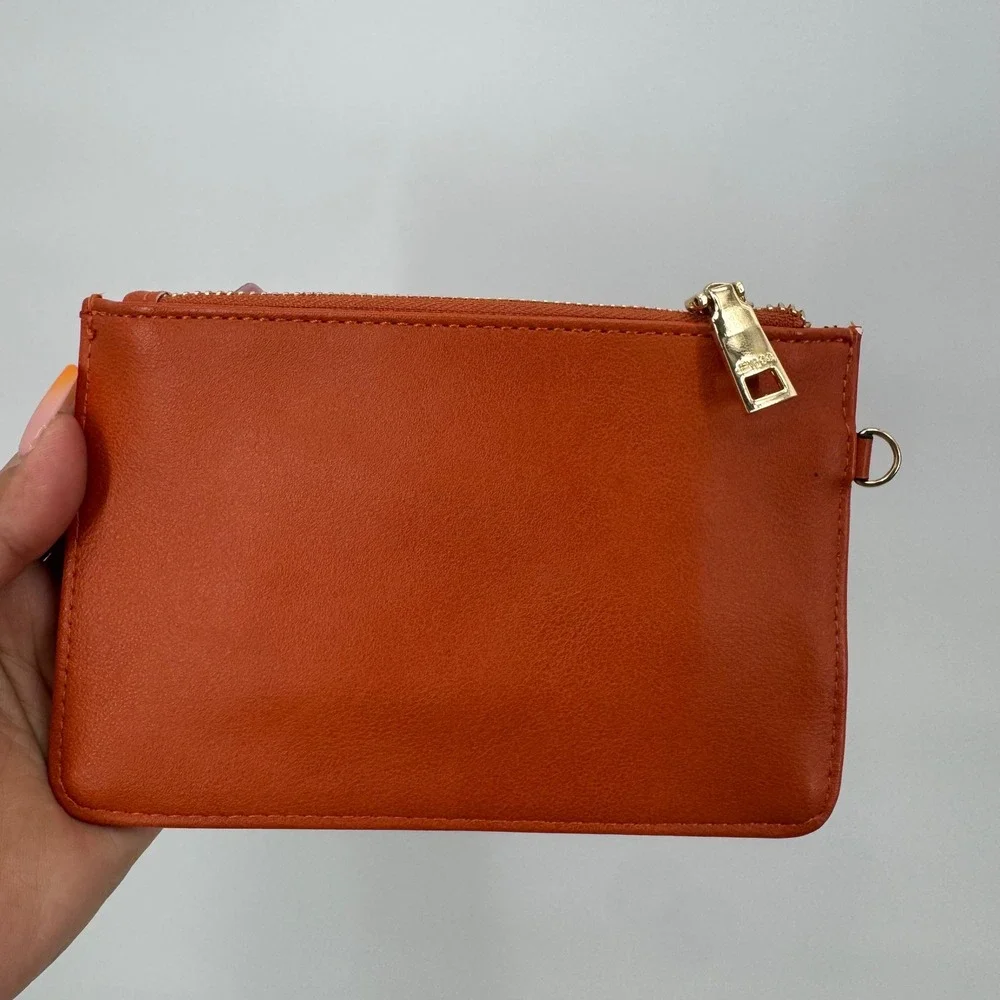 Jen & Co Burnt Orange Vegan Leather Slim Zip Card Case Wallet Gold Hardware
